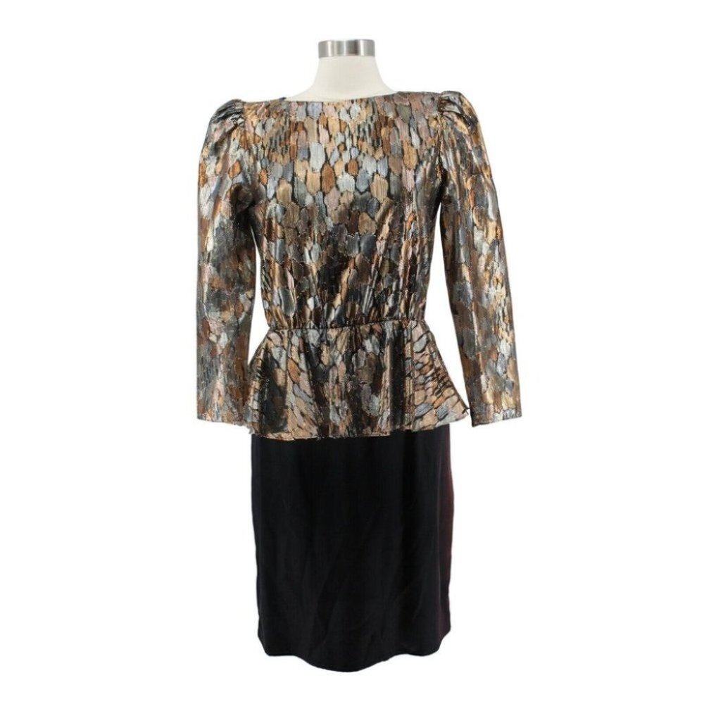 Vintage 80s Patra Black Gold Silver Lurex Lace Peplum Shift Dress Size 8